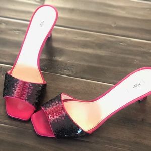 PRADA pink & black hombre satin heels